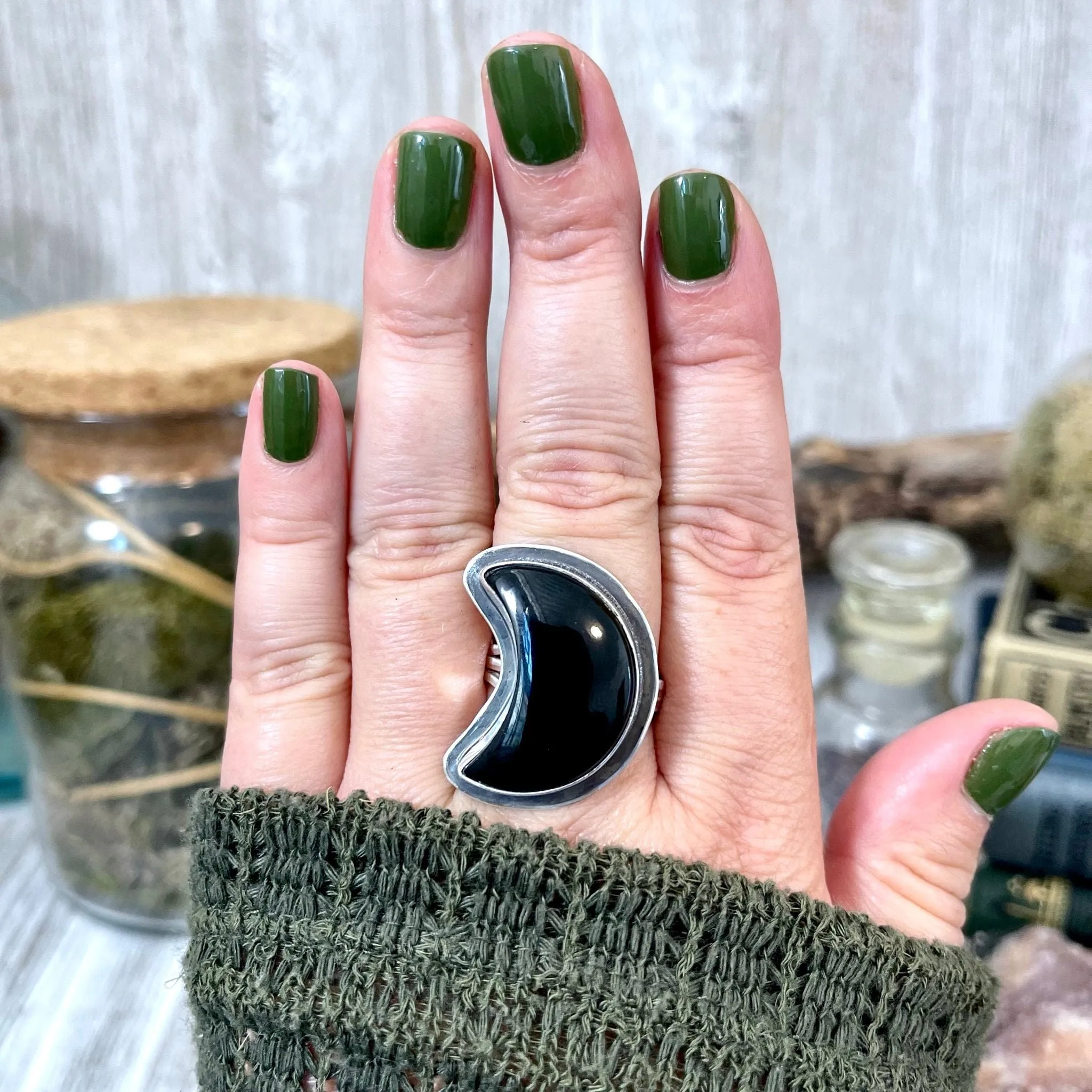 Crescent Moon Black Onyx Crystal Statement Ring in Sterling Silver- Designed by FOXLARK Collection Size 5 6 7 8 9 10 11 / Gothic Jewelry