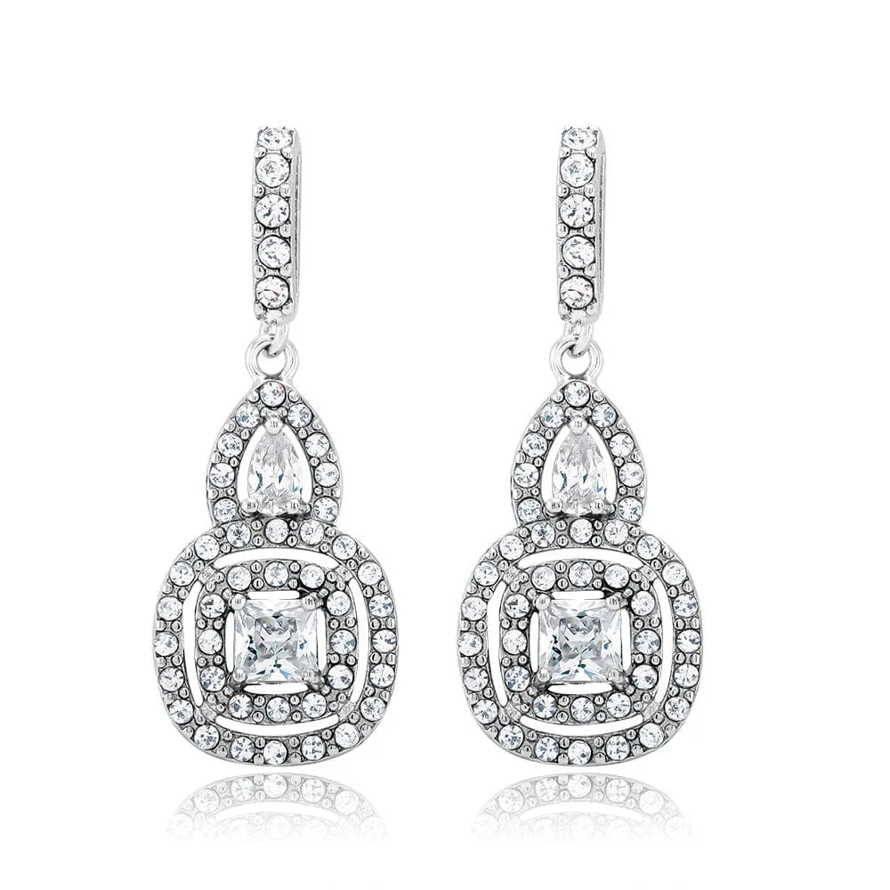 Cubic Zirconia Double Halo Drop Earrings