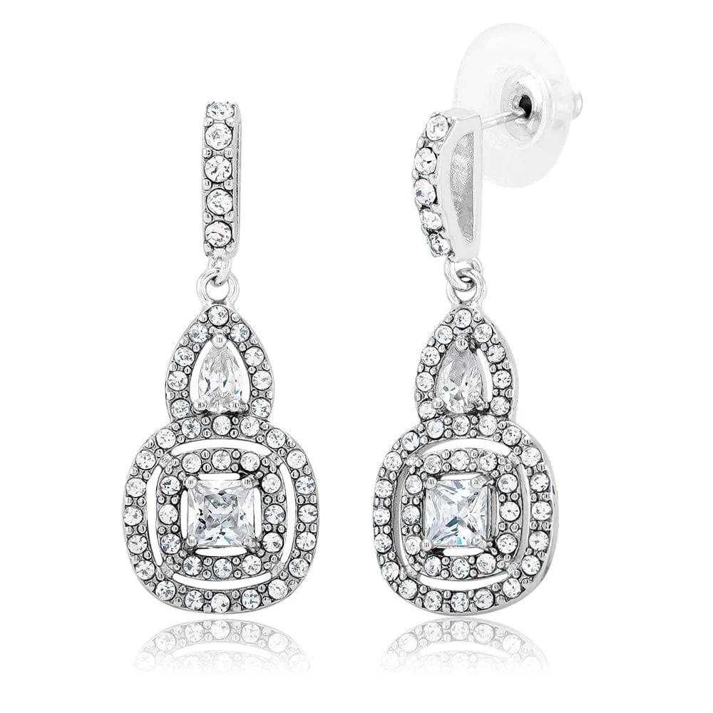 Cubic Zirconia Double Halo Drop Earrings