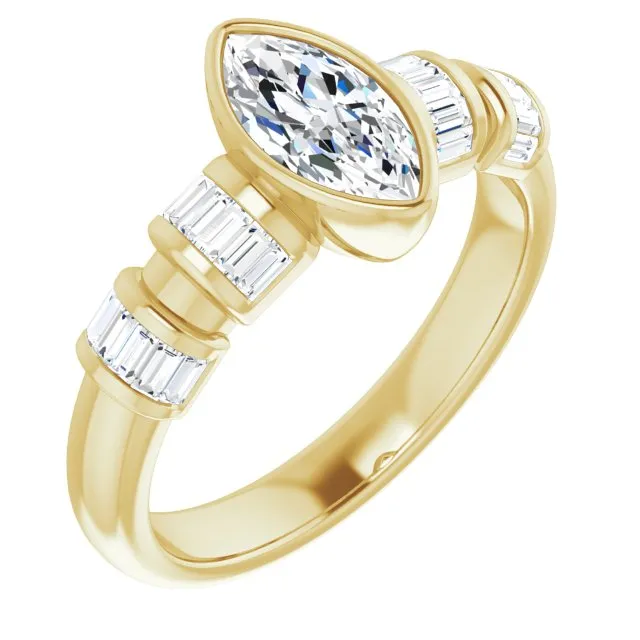 Cubic Zirconia Engagement Ring- The Astrid (Customizable Bezel-set Marquise Cut Design with Quad Horizontal Band Sleeves of Baguette Accents)