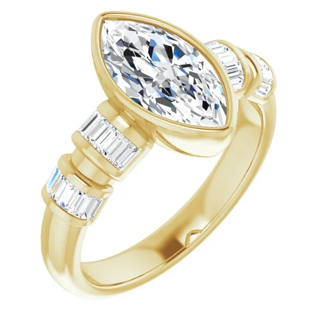 Cubic Zirconia Engagement Ring- The Astrid (Customizable Bezel-set Marquise Cut Design with Quad Horizontal Band Sleeves of Baguette Accents)