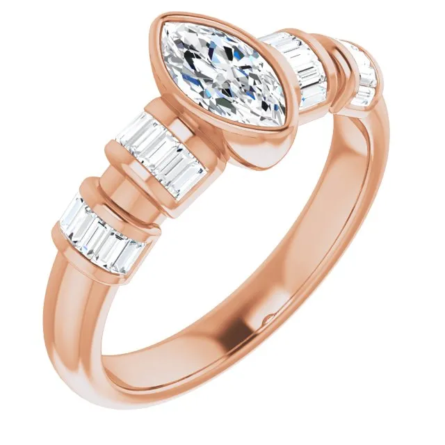 Cubic Zirconia Engagement Ring- The Astrid (Customizable Bezel-set Marquise Cut Design with Quad Horizontal Band Sleeves of Baguette Accents)