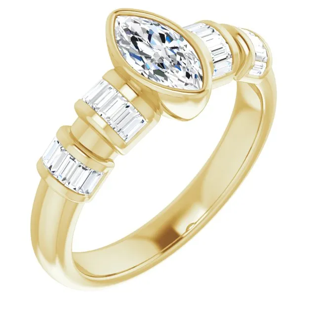 Cubic Zirconia Engagement Ring- The Astrid (Customizable Bezel-set Marquise Cut Design with Quad Horizontal Band Sleeves of Baguette Accents)