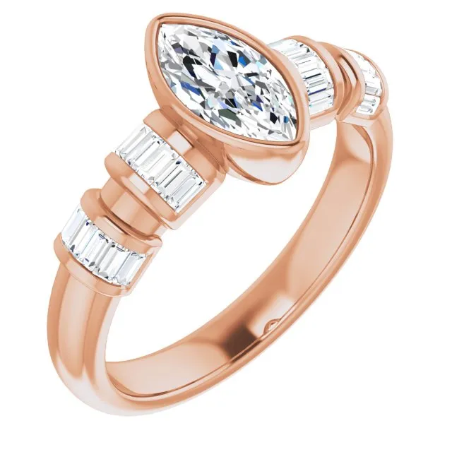 Cubic Zirconia Engagement Ring- The Astrid (Customizable Bezel-set Marquise Cut Design with Quad Horizontal Band Sleeves of Baguette Accents)