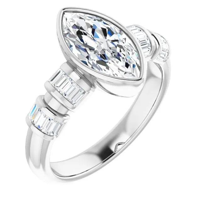 Cubic Zirconia Engagement Ring- The Astrid (Customizable Bezel-set Marquise Cut Design with Quad Horizontal Band Sleeves of Baguette Accents)