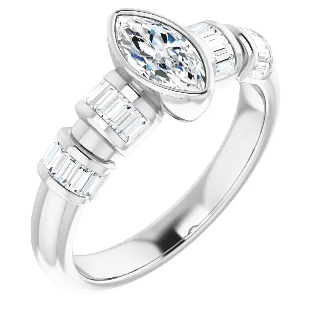 Cubic Zirconia Engagement Ring- The Astrid (Customizable Bezel-set Marquise Cut Design with Quad Horizontal Band Sleeves of Baguette Accents)