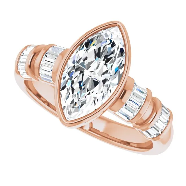 Cubic Zirconia Engagement Ring- The Astrid (Customizable Bezel-set Marquise Cut Design with Quad Horizontal Band Sleeves of Baguette Accents)