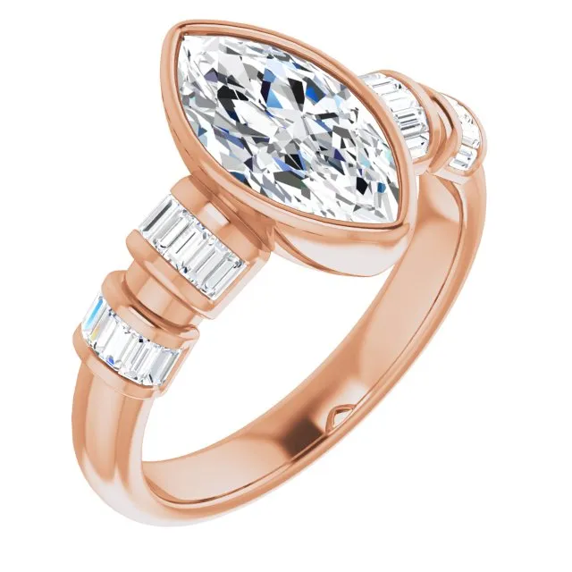 Cubic Zirconia Engagement Ring- The Astrid (Customizable Bezel-set Marquise Cut Design with Quad Horizontal Band Sleeves of Baguette Accents)