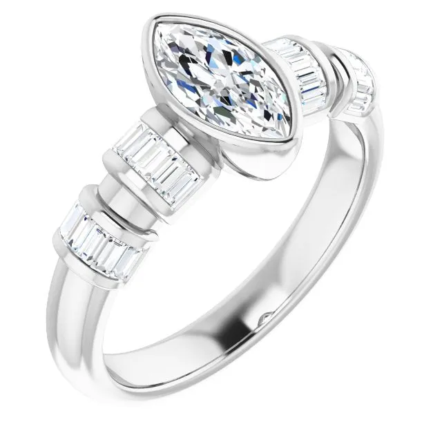 Cubic Zirconia Engagement Ring- The Astrid (Customizable Bezel-set Marquise Cut Design with Quad Horizontal Band Sleeves of Baguette Accents)