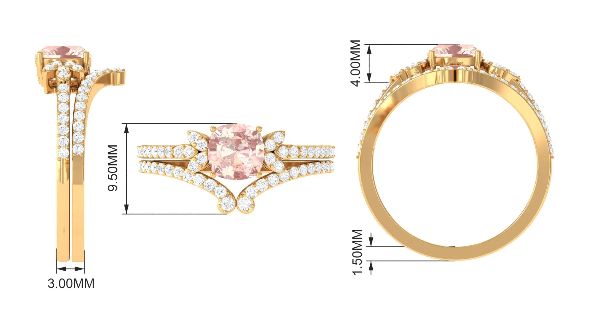 Cushion Cut Morganite and Diamond Bridal Ring Set