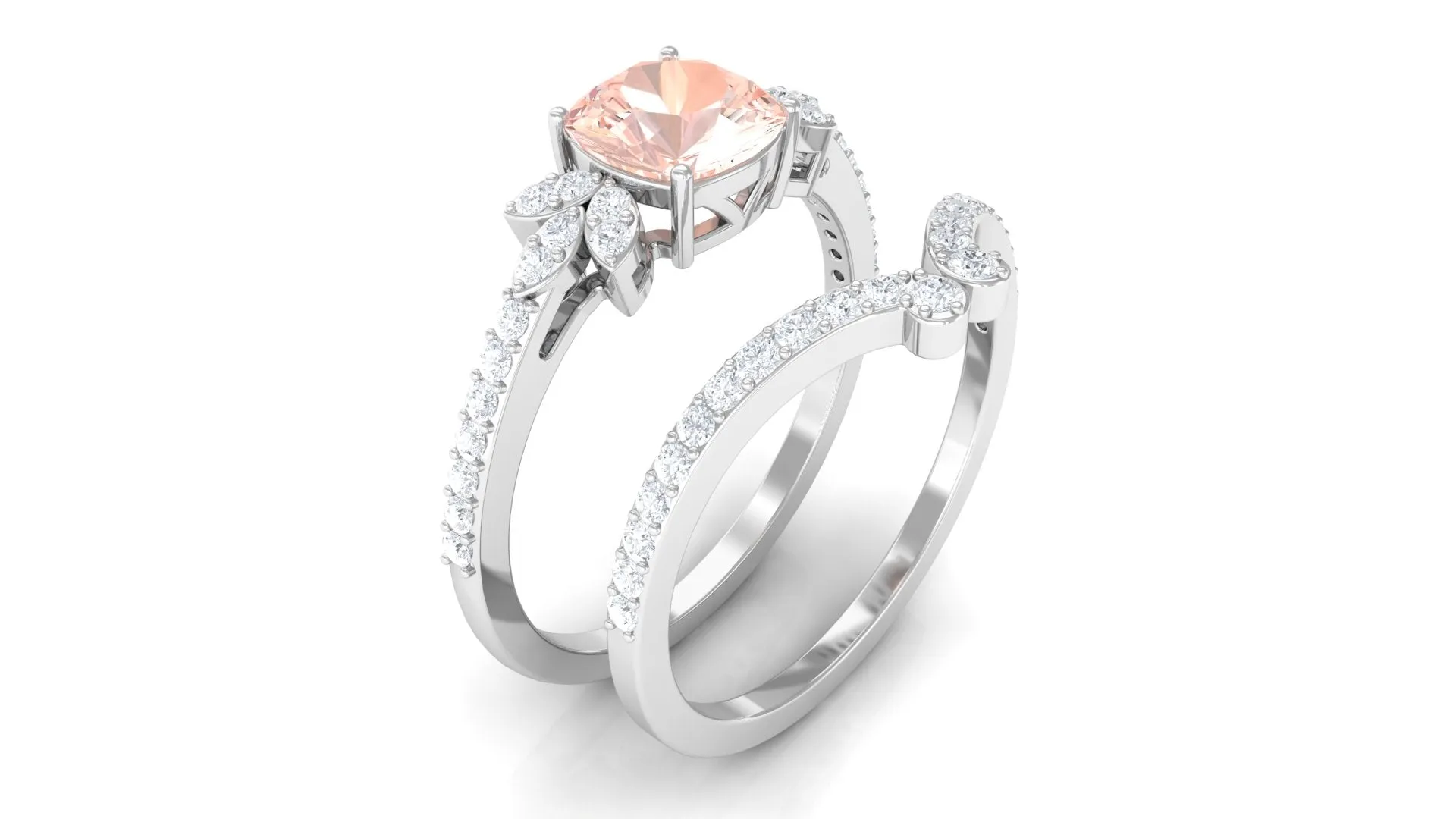 Cushion Cut Morganite and Diamond Bridal Ring Set