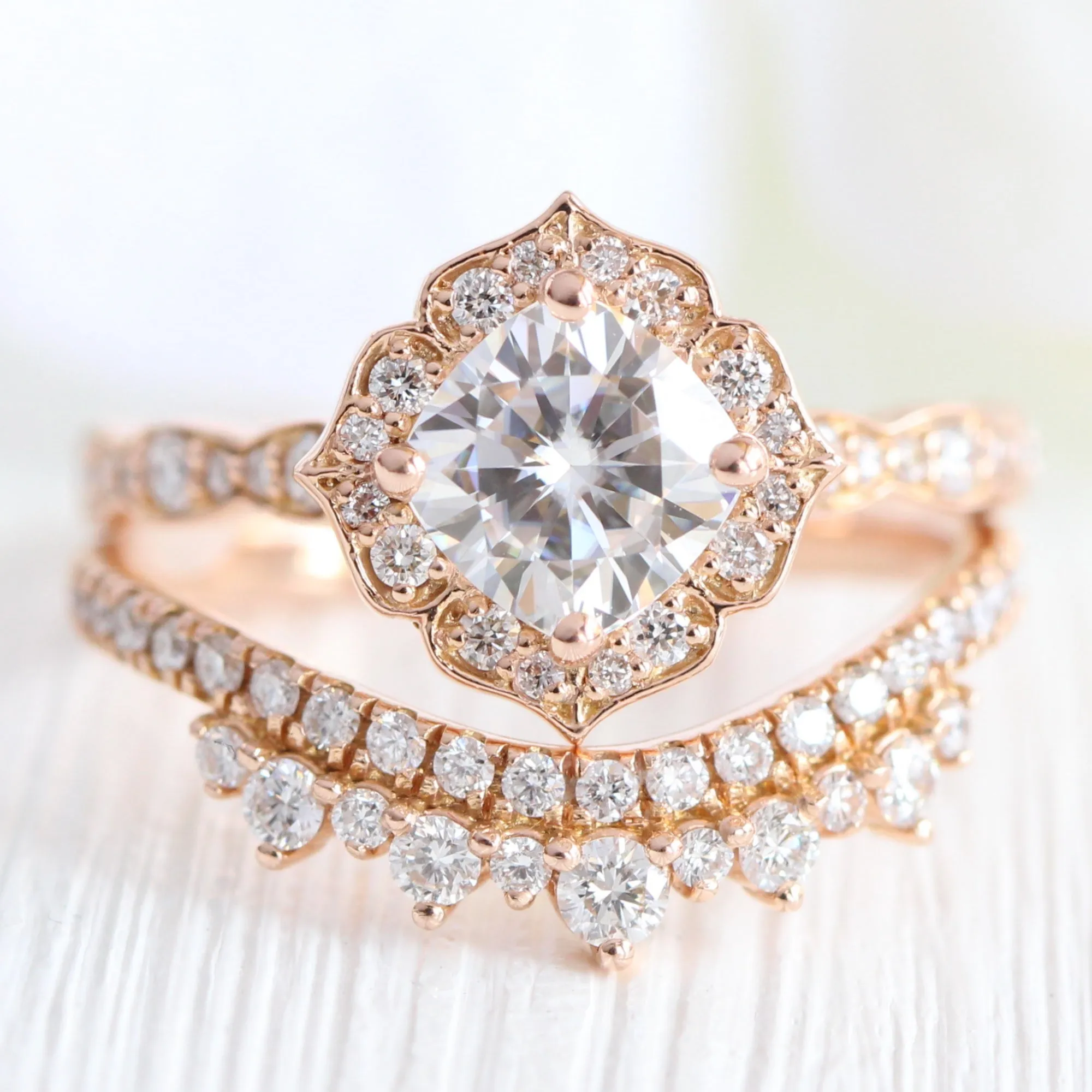 Cushion Moissanite Diamond Ring in Mini Vintage Floral Band