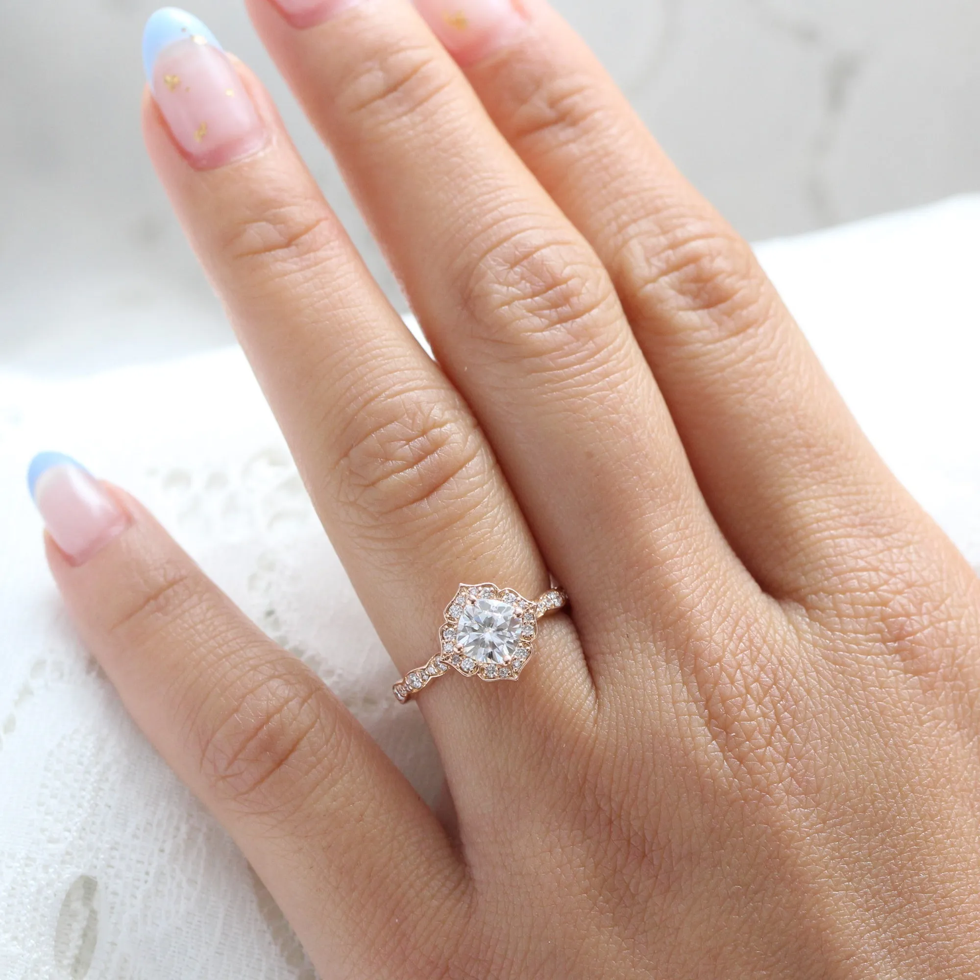 Cushion Moissanite Diamond Ring in Mini Vintage Floral Band