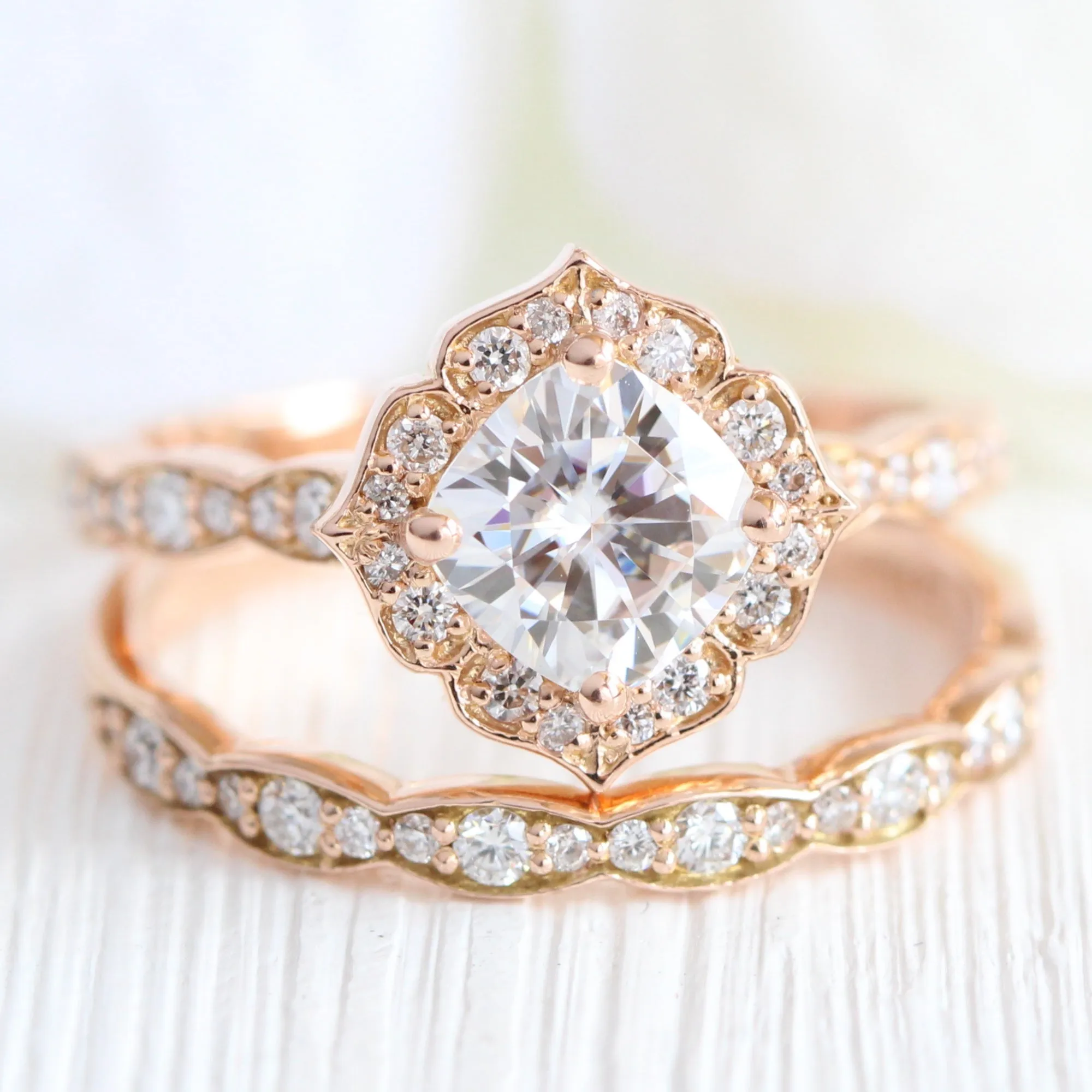 Cushion Moissanite Diamond Ring in Mini Vintage Floral Band