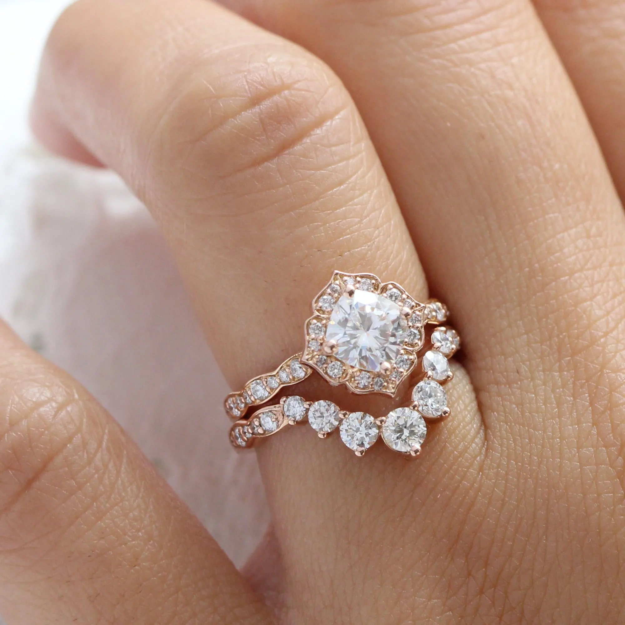 Cushion Moissanite Diamond Ring in Mini Vintage Floral Band