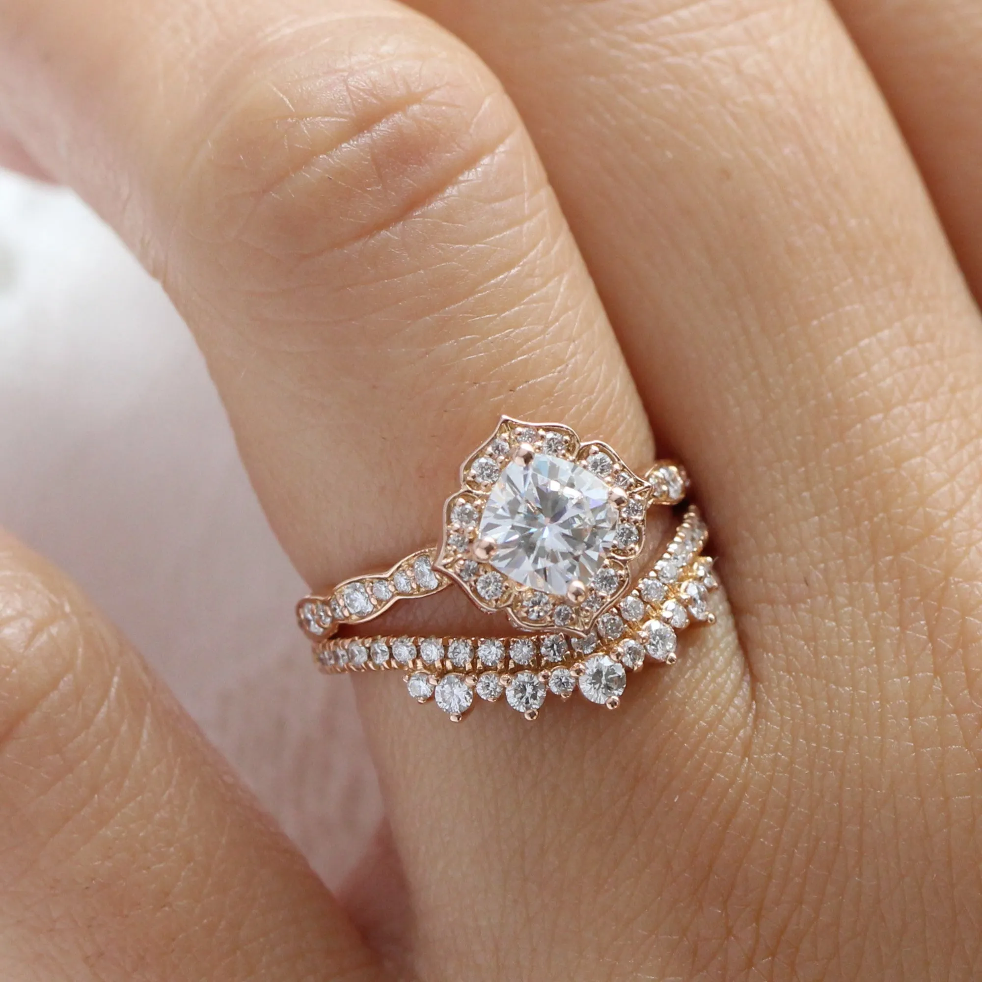 Cushion Moissanite Diamond Ring in Mini Vintage Floral Band