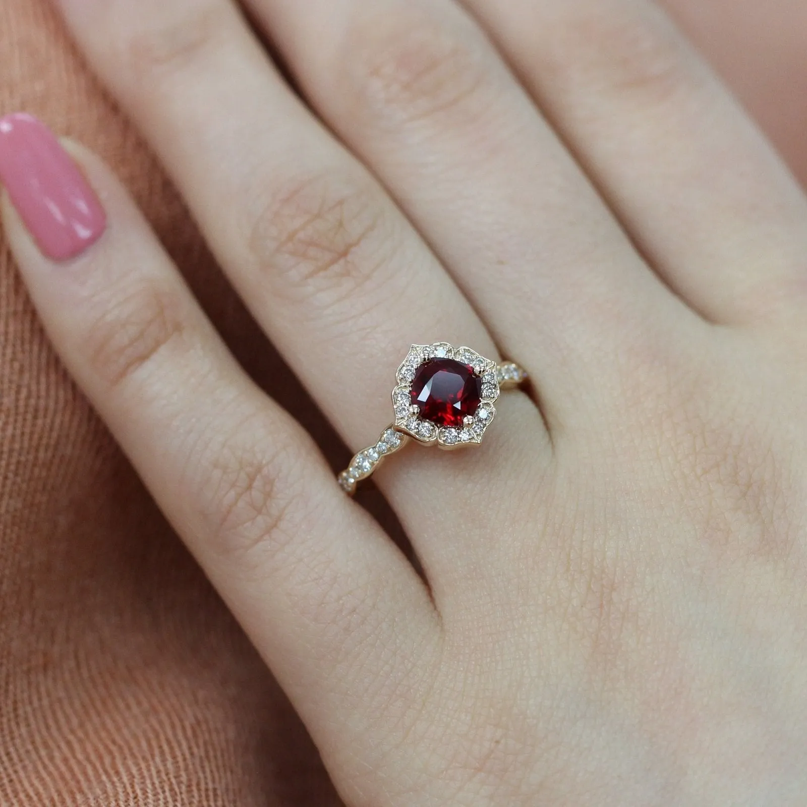 Cushion Ruby and Diamond Ring in Mini Vintage Floral Scalloped Band