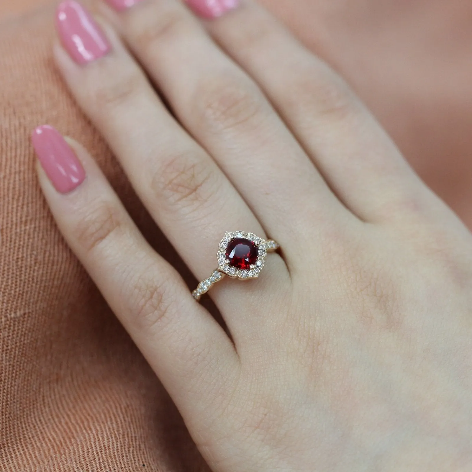 Cushion Ruby and Diamond Ring in Mini Vintage Floral Scalloped Band