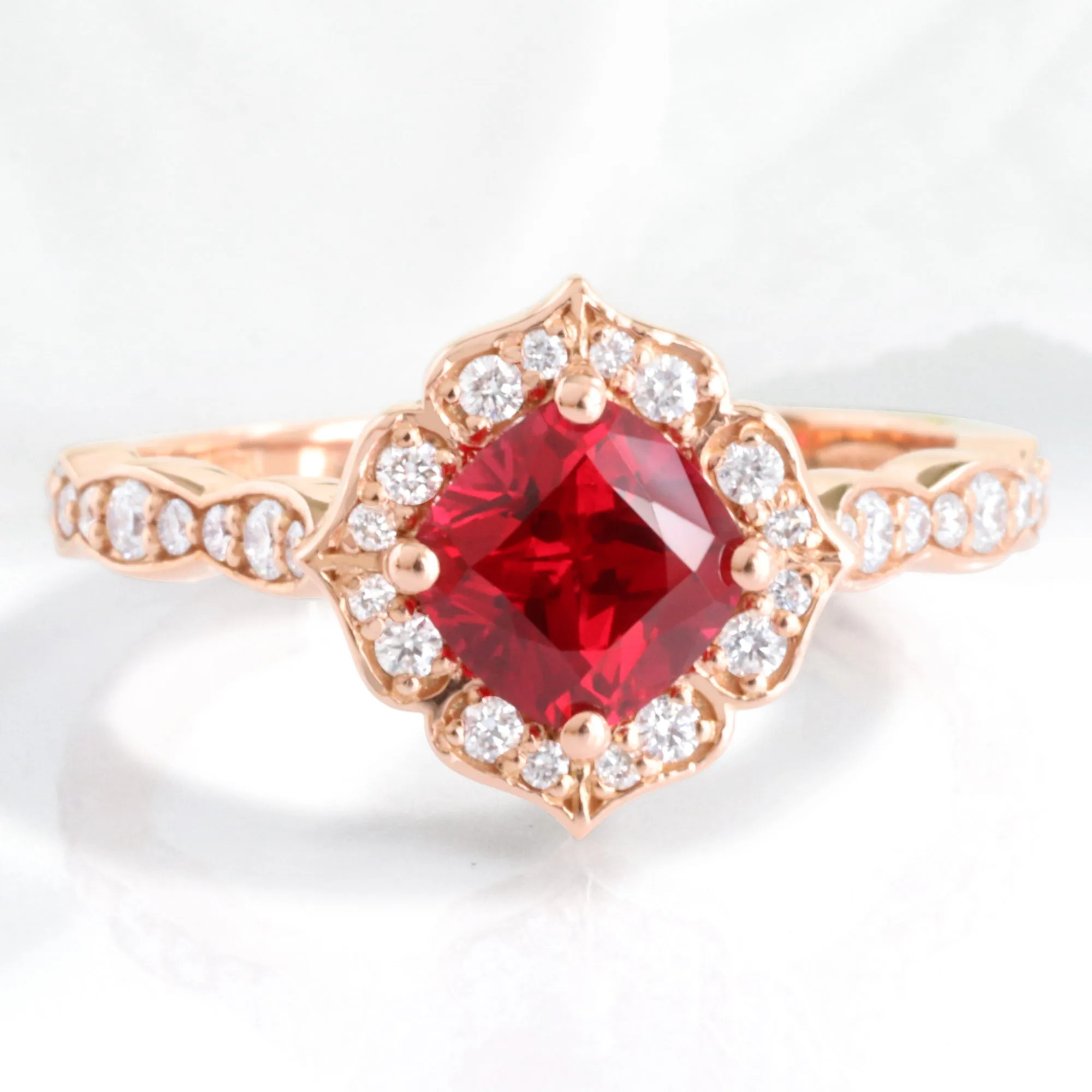 Cushion Ruby and Diamond Ring in Mini Vintage Floral Scalloped Band