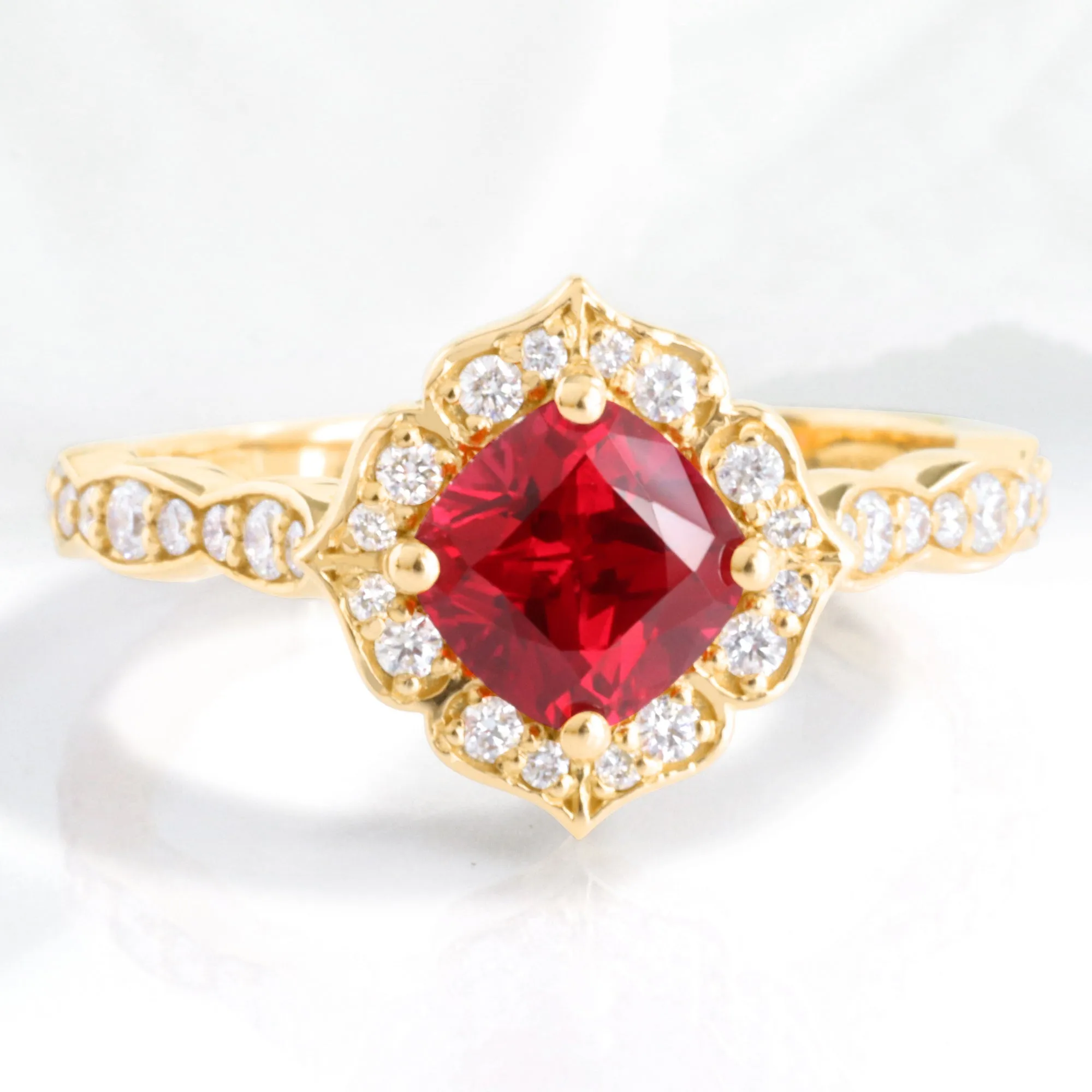 Cushion Ruby and Diamond Ring in Mini Vintage Floral Scalloped Band