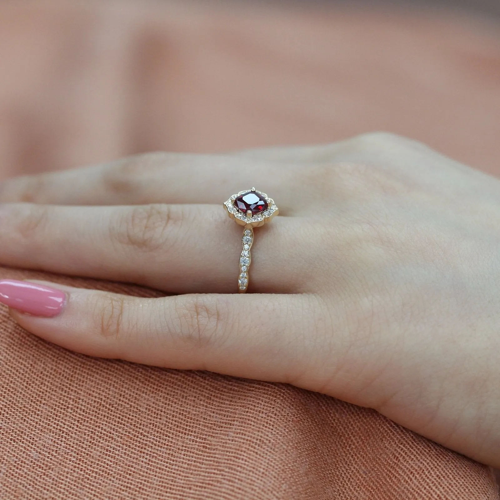 Cushion Ruby and Diamond Ring in Mini Vintage Floral Scalloped Band