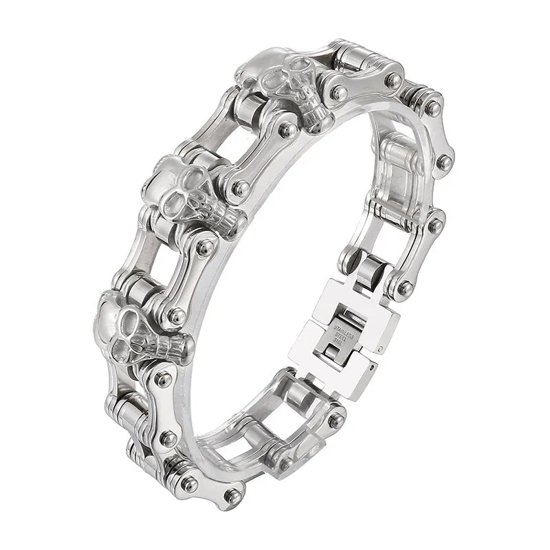 Custom Rock Hip-Hop Skull Bicycle Chain Bracelet for Men - European and American Ghost Head Series in Titanium Steel