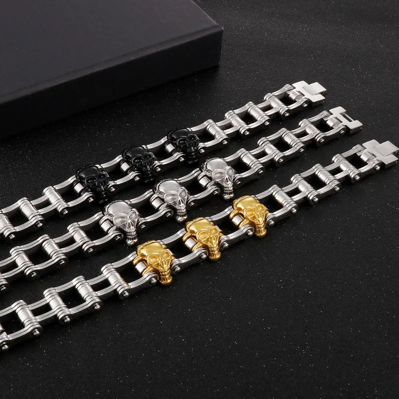 Custom Rock Hip-Hop Skull Bicycle Chain Bracelet for Men - European and American Ghost Head Series in Titanium Steel