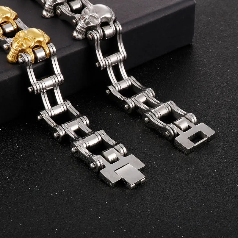 Custom Rock Hip-Hop Skull Bicycle Chain Bracelet for Men - European and American Ghost Head Series in Titanium Steel