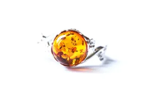 Dainty Floral Amber Ring - Elegant Sterling Silver Band with Baltic Amber Gem | Perfect Gift for Her