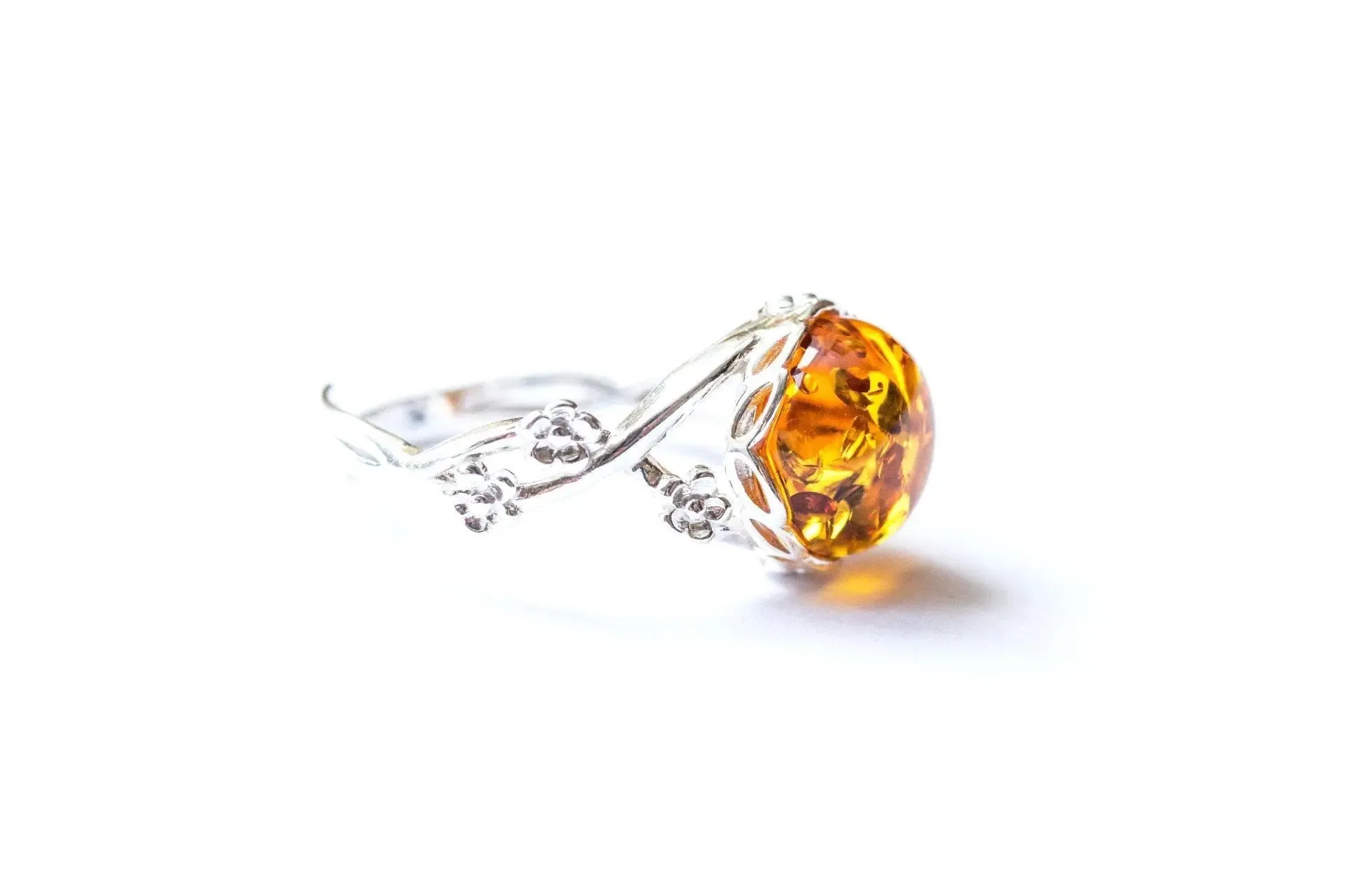 Dainty Floral Amber Ring - Elegant Sterling Silver Band with Baltic Amber Gem | Perfect Gift for Her