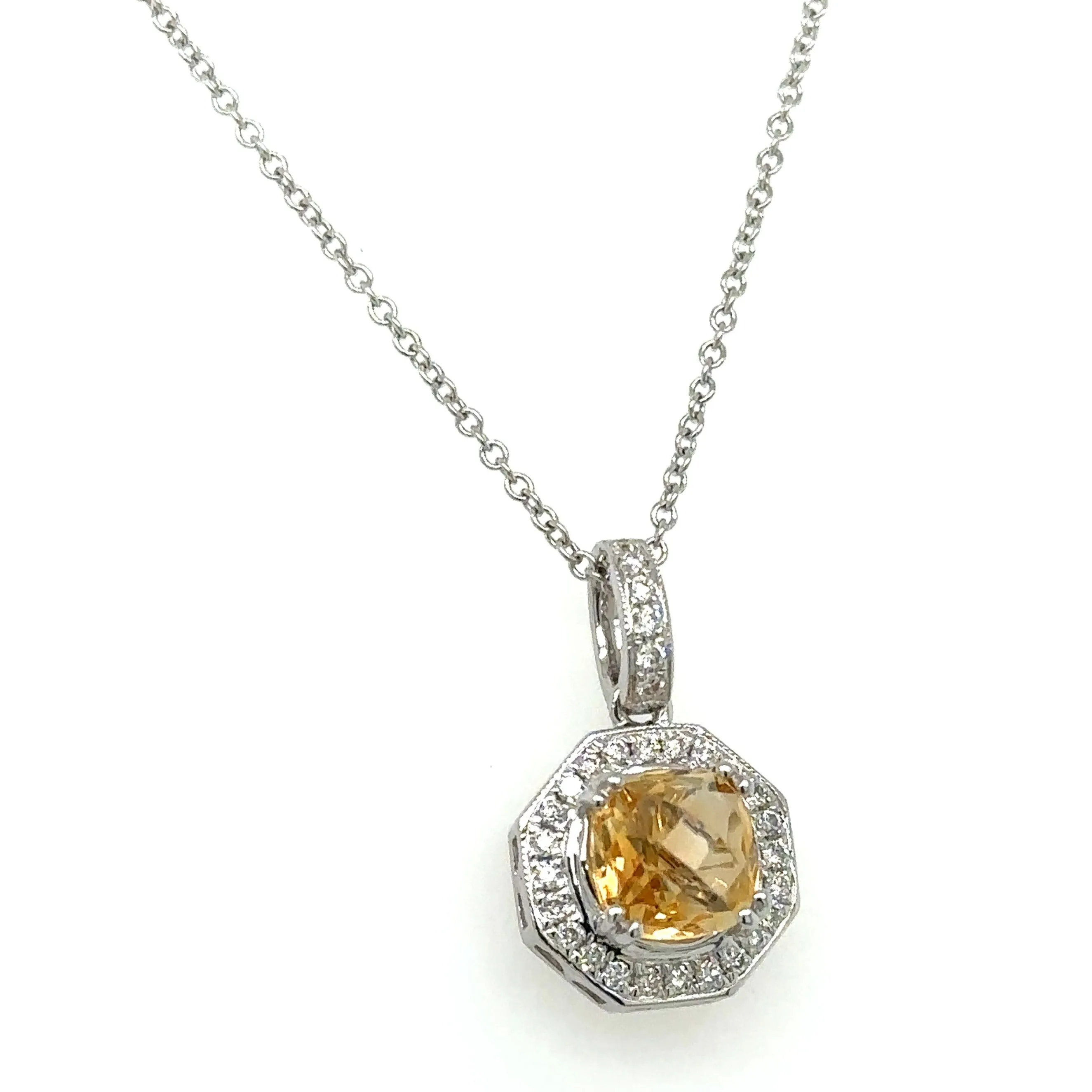 Diamond Octagon Pendant Citrine Center With Round Diamonds Pendant Necklace