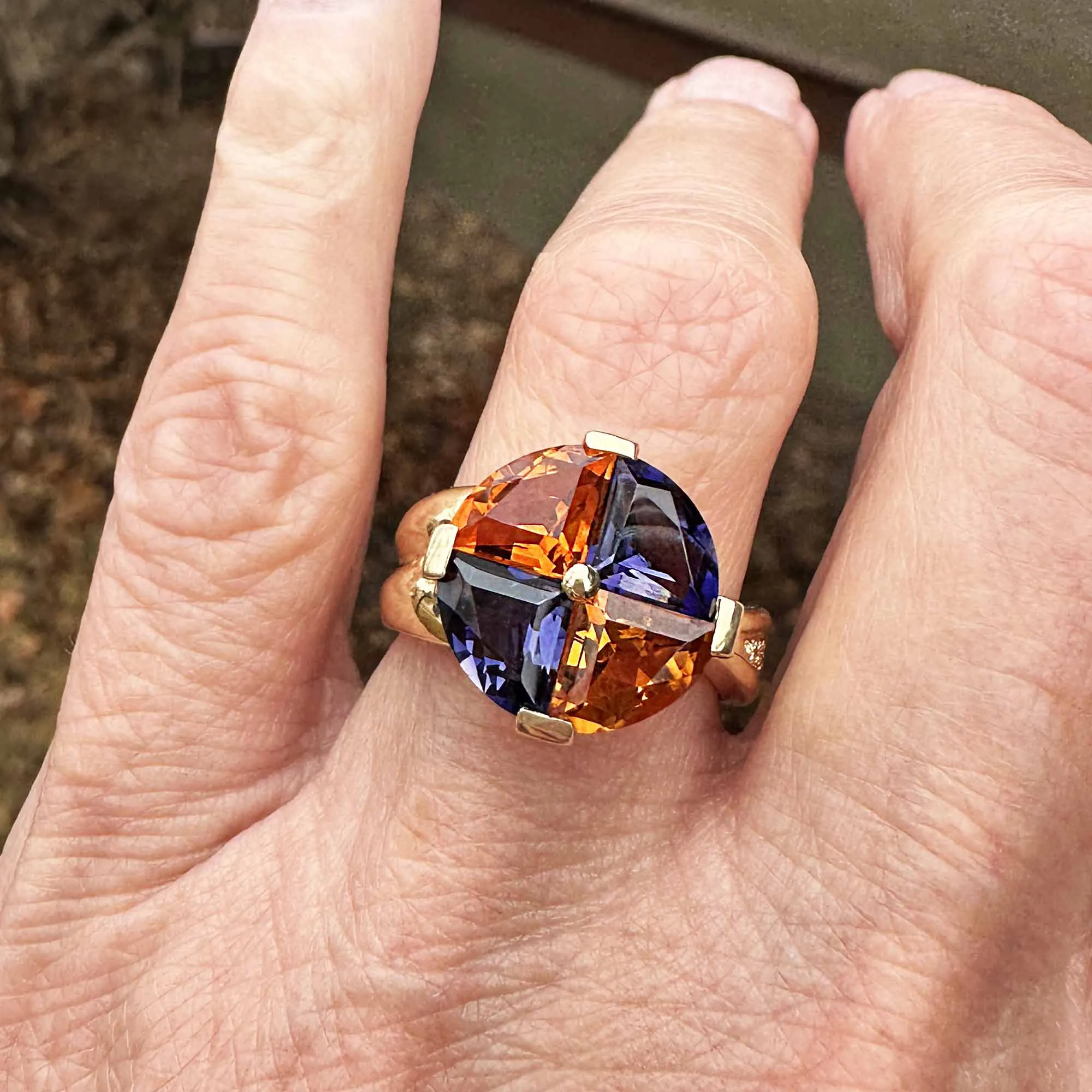 Diamond Trillion Cut Purple Iolite Citrine Ring in 14K Gold