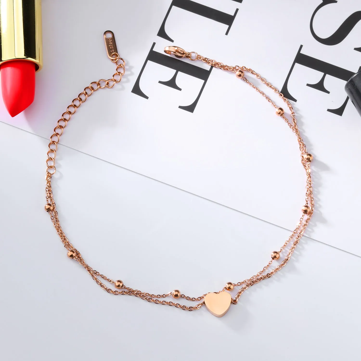 Double-Layer Rose Gold-Plated Love Anklet Bracelet