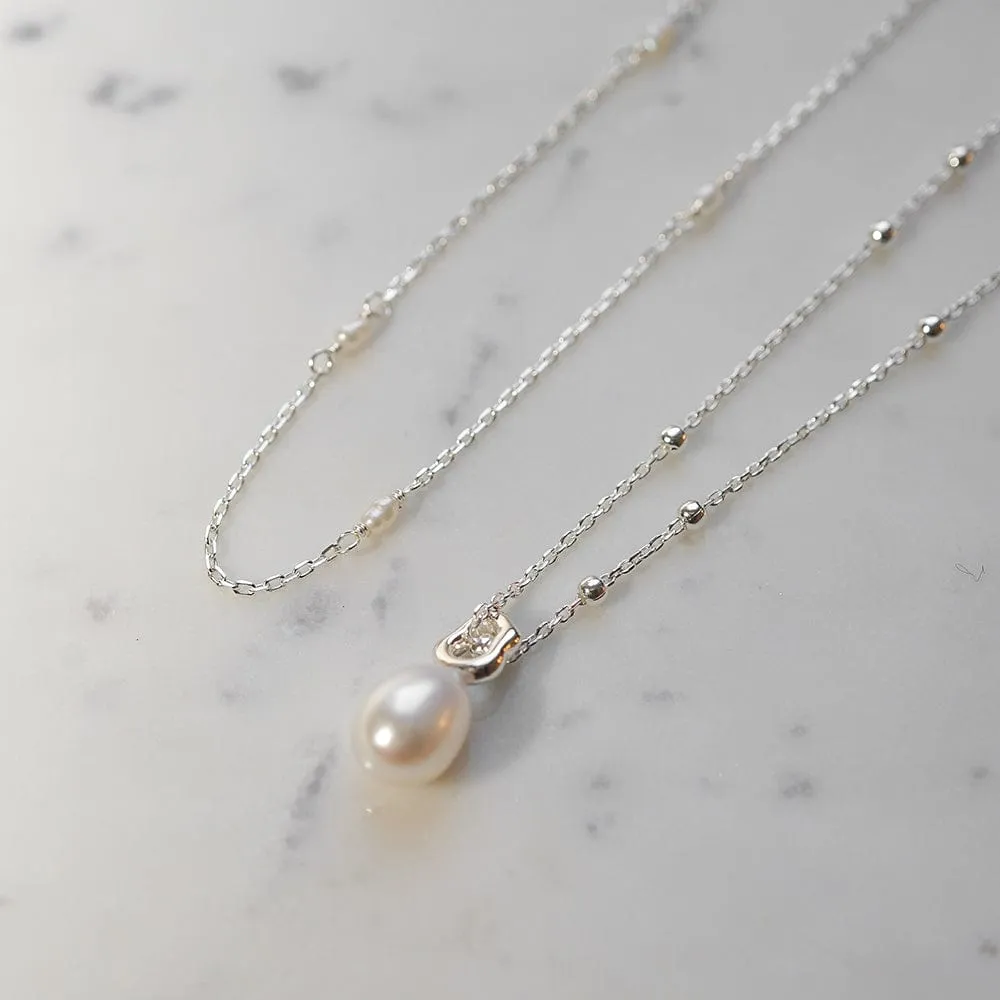 Double Pearl Necklace Layering Set Sterling Silver