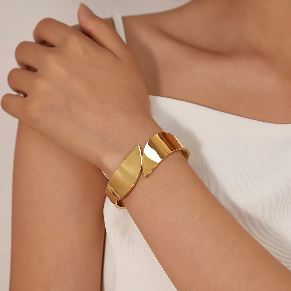 Elegant Gold Finish Wide Cuff Bangle for Women - Fashion Jewelry Bracelet, Adjustable, Modern Minimalist Design