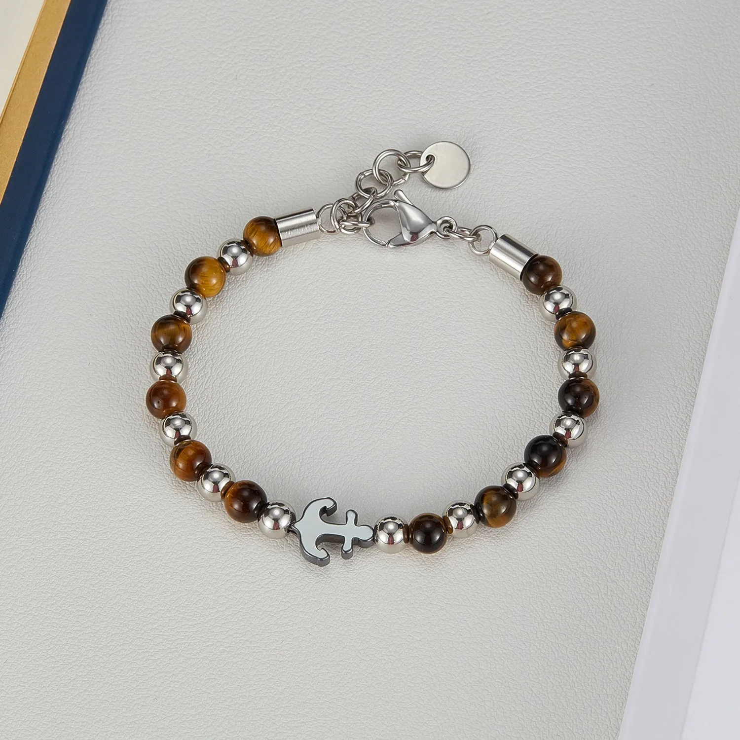 Elegant Men's Stainless Steel and Tiger Eye Bracelet with Puzzle Piece Charm - Durable and Stylish Accessory