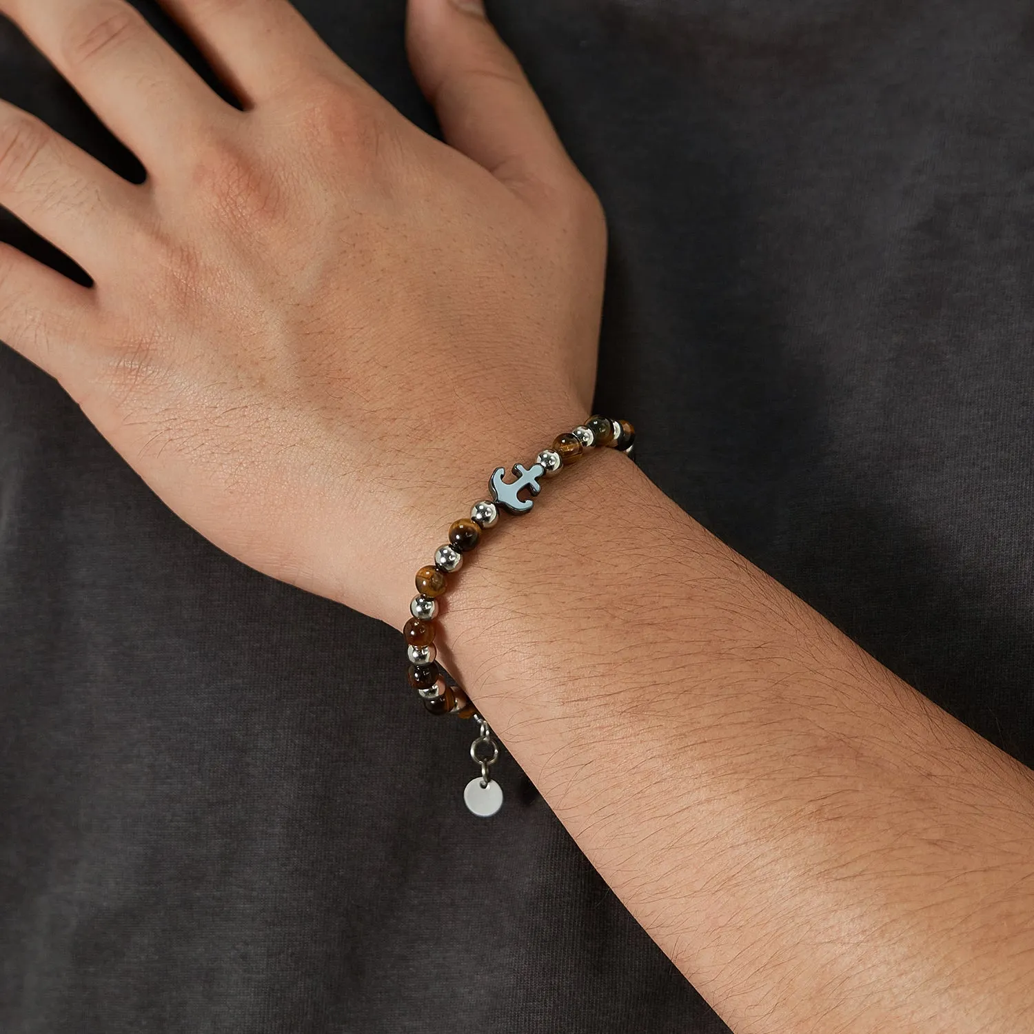 Elegant Men's Stainless Steel and Tiger Eye Bracelet with Puzzle Piece Charm - Durable and Stylish Accessory