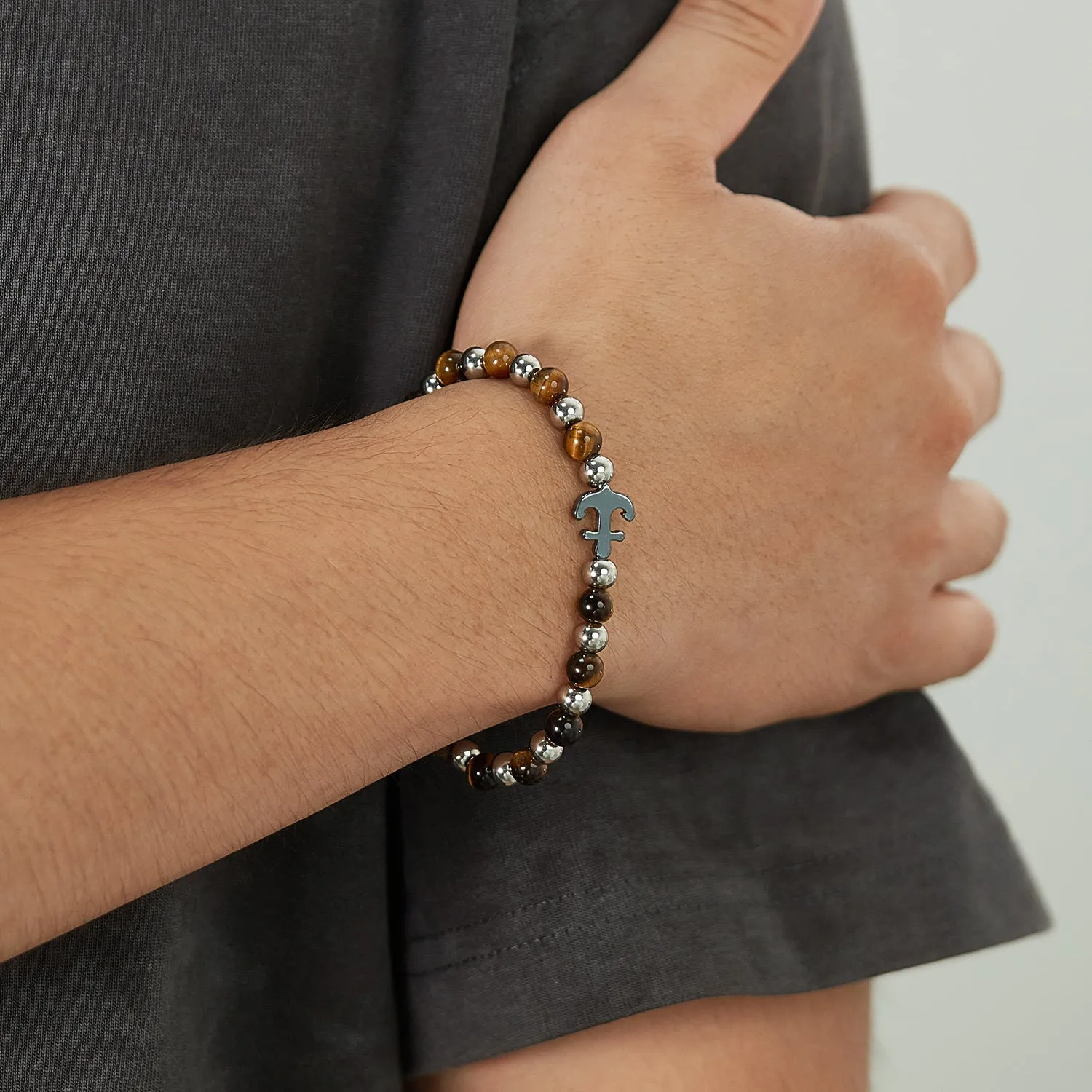 Elegant Men's Stainless Steel and Tiger Eye Bracelet with Puzzle Piece Charm - Durable and Stylish Accessory