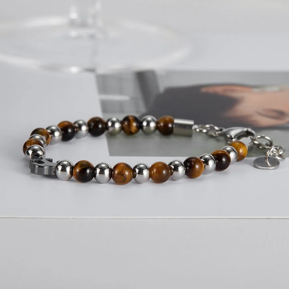 Elegant Men's Stainless Steel and Tiger Eye Bracelet with Puzzle Piece Charm - Durable and Stylish Accessory