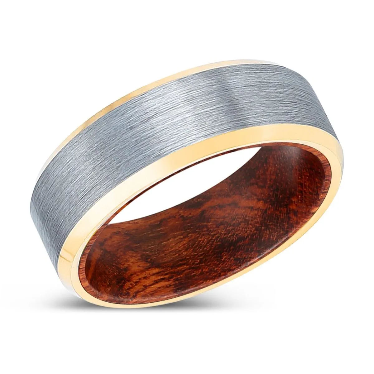 ELMTOOTH | Snake Wood, Brushed, Silver Tungsten Ring, Gold Beveled Edges