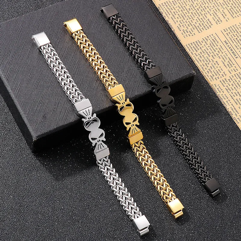 European-American Hip-Hop Style Double Skull Titanium Steel Bracelet