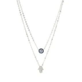 Evil Eye Hamsa Layered Necklace 925 Sterling Silver Diamond CZ Waterproof Protection Stacked Double Necklace