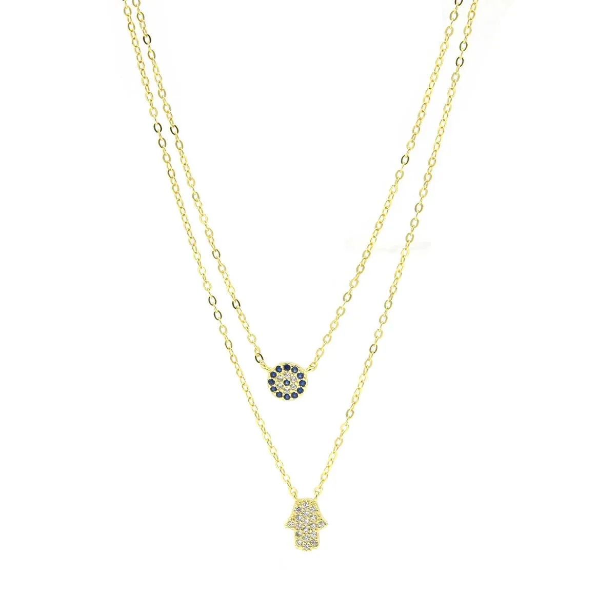 Evil Eye Hamsa Layered Necklace 925 Sterling Silver Diamond CZ Waterproof Protection Stacked Double Necklace