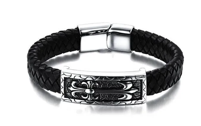 Fashion jewelry Genuine leather titanium steel Bracelets domineering man punk retro pattern male Bracelet