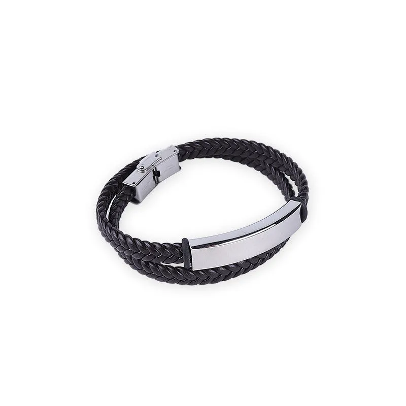 Fashion Men's Vintage Double Braided Rope Leather Titanium Steel Lettering Bracelet