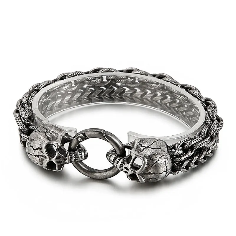 Fashionable Double-Layer Skull Titanium Steel Bracelet for Men