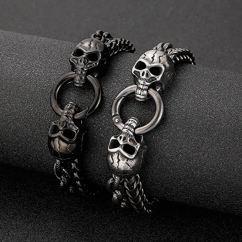 Fashionable Double-Layer Skull Titanium Steel Bracelet for Men