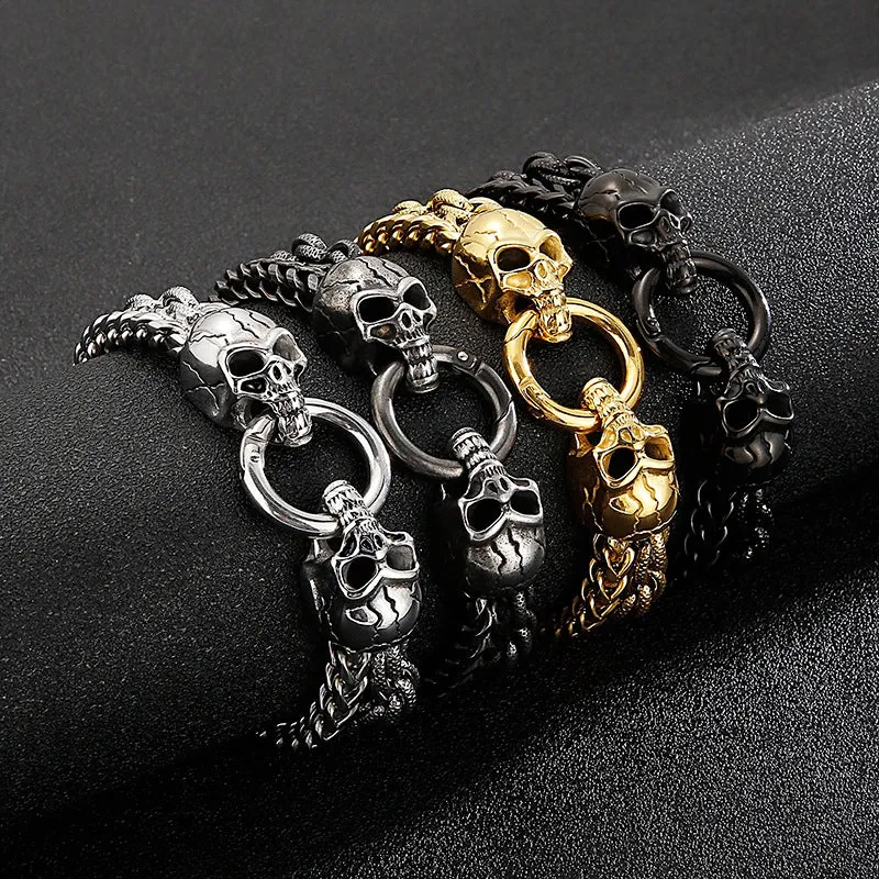 Fashionable Double-Layer Skull Titanium Steel Bracelet for Men