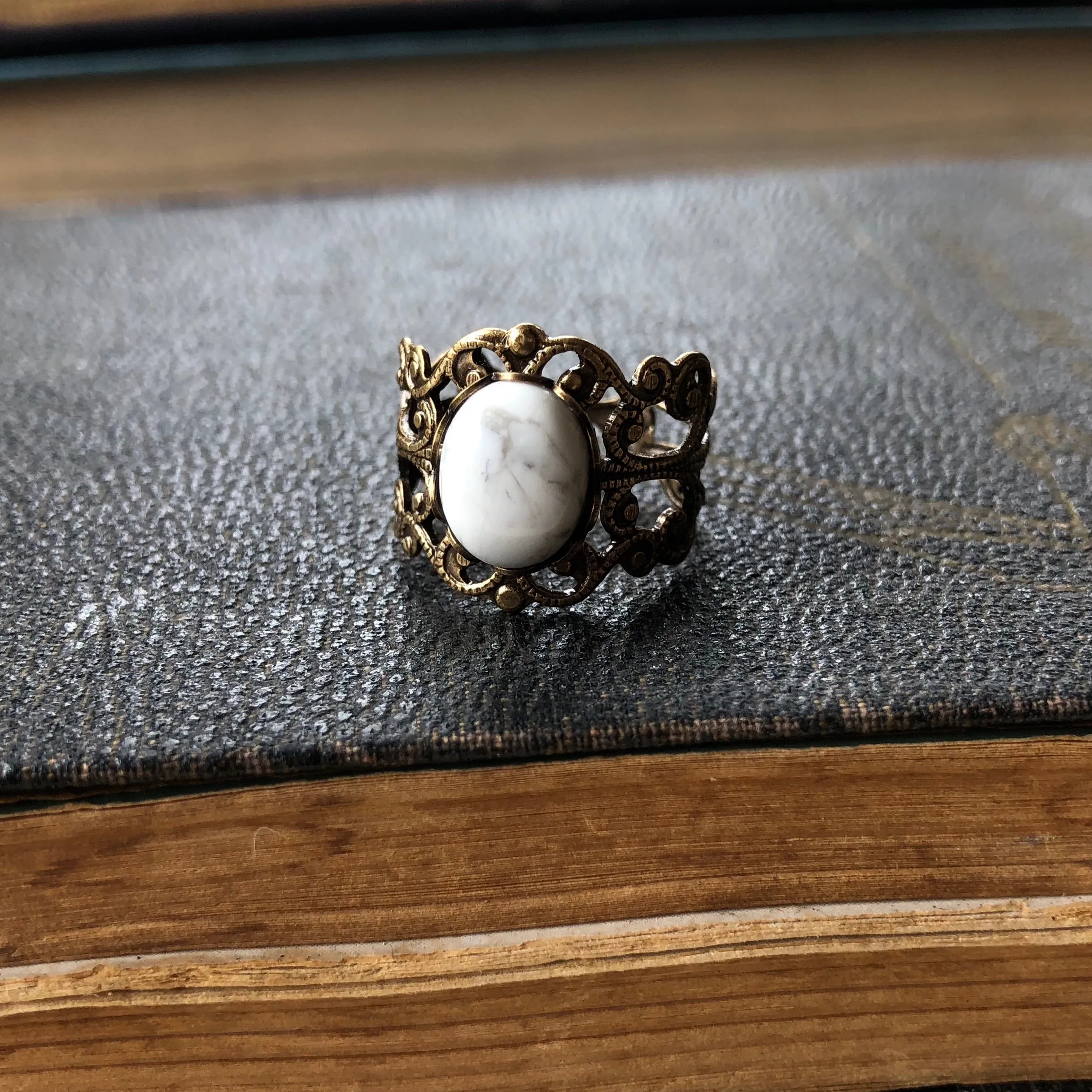 Filigree Ring - White Howlite Stone and Silver