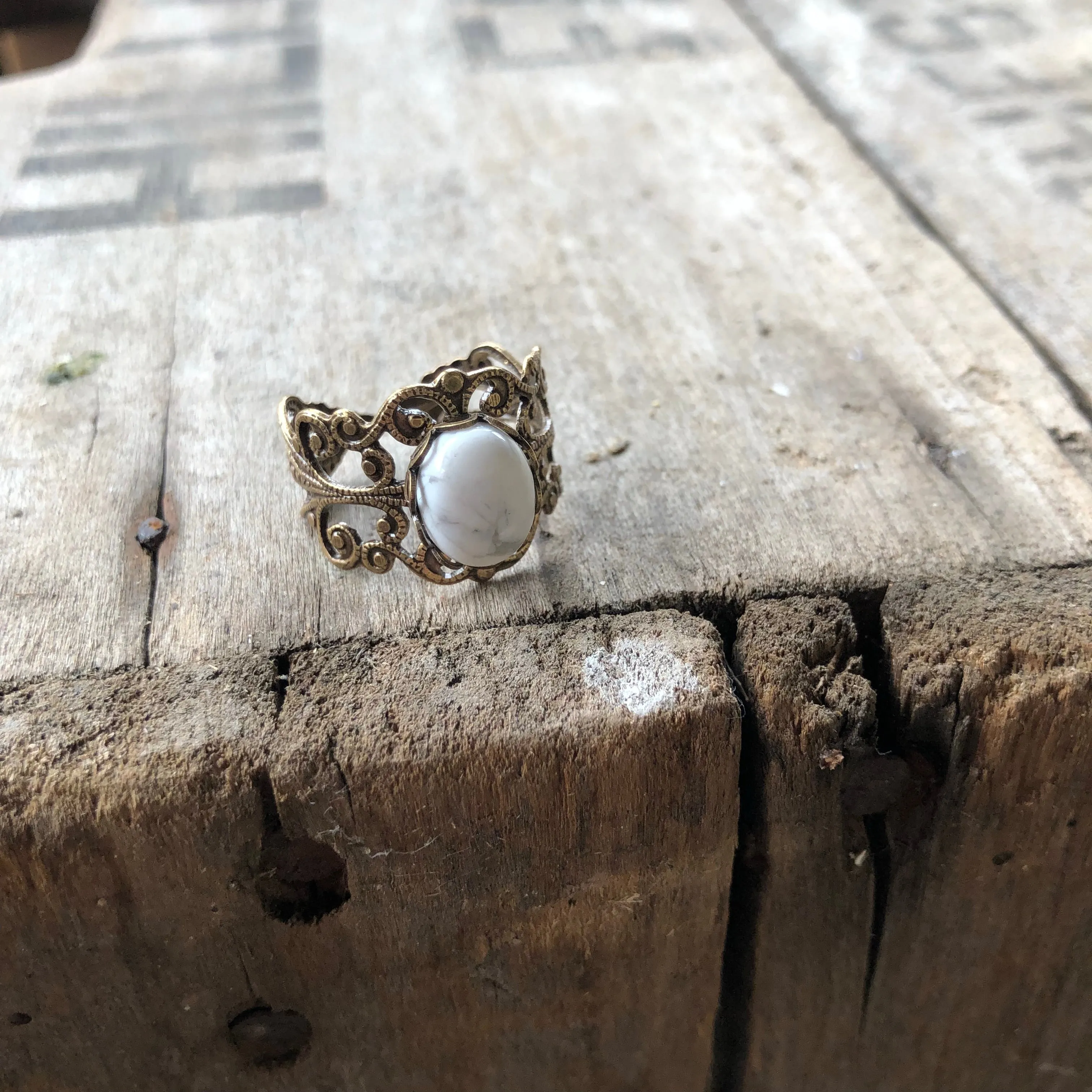 Filigree Ring - White Howlite Stone and Silver